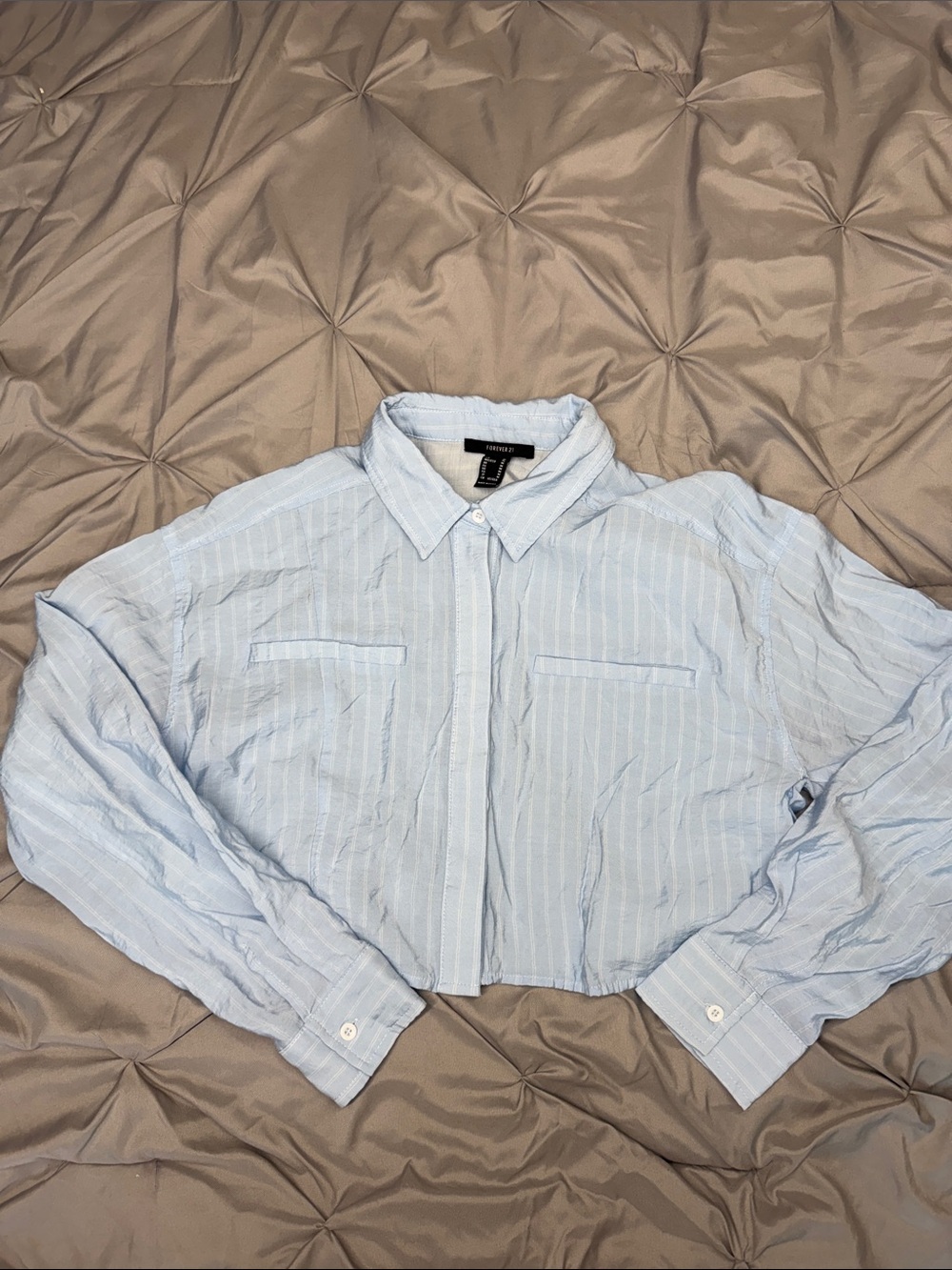 Express Light Blue Pinstripe Cropped Button-Up Shirt- M